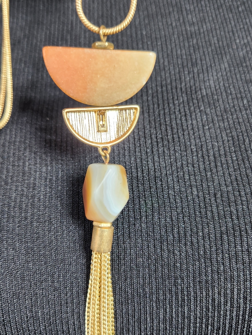 Gold-Tone 32" Long Tassel Necklace with Orange and Cream Stone Accents - Picture 4 of 7